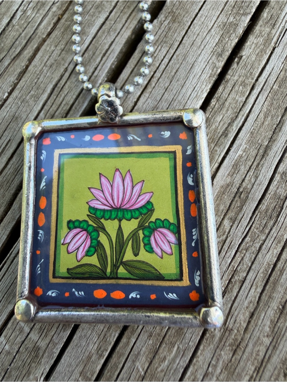 Vintage Shadowbox 1.5” X 1.5” 925 Painted Floral Necklace Old Patina On Back 31”